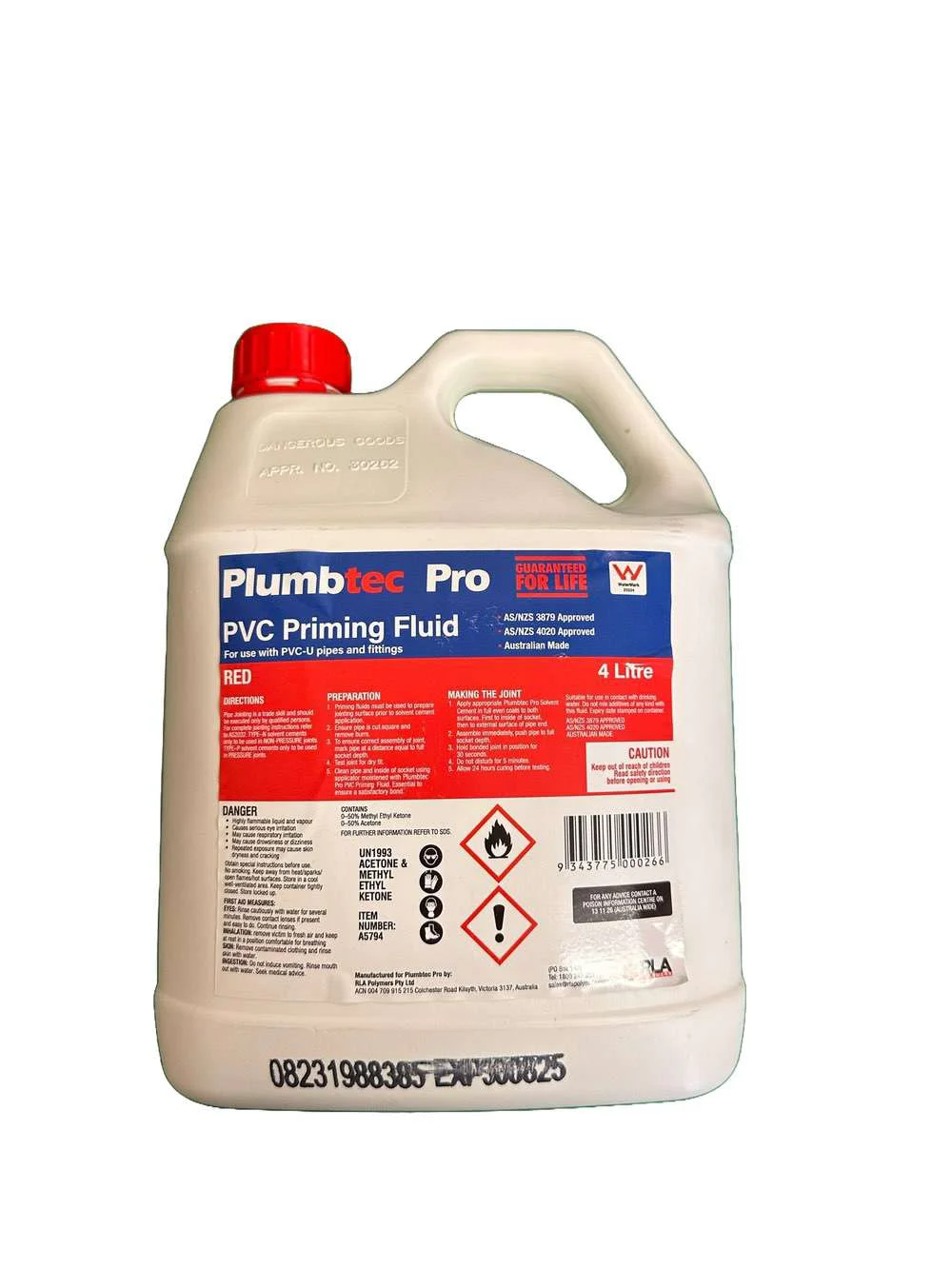Plumbtec Pro Red Priming Fluid 4L (Large Volume, PVC Cleaner & Primer)